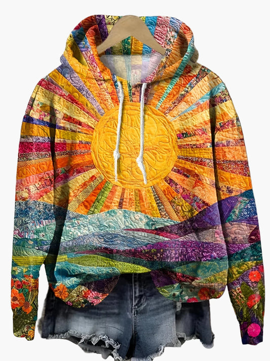 Damen Hoodie mit Sonnen- und Landschafts-Design – Künstlerischer Boho Style für Freizeit & Alltag