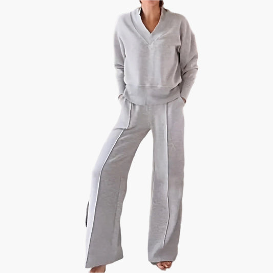 Damen Zweiteiler Lounge- & Sport-Set mit V-Ausschnitt und Weitbein-Hose – Elegantes Freizeit-Outfit