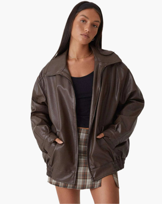 Damen Oversized Kunstlederjacke im Retro-Stil – Modische Übergangsjacke für Alltag und Ausgehen